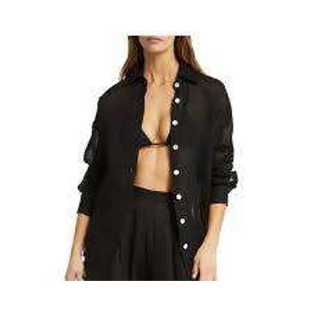 Vitamin A PLAYA Black 100% Linen Button Down Shirt Oversized Beach Coverup Small